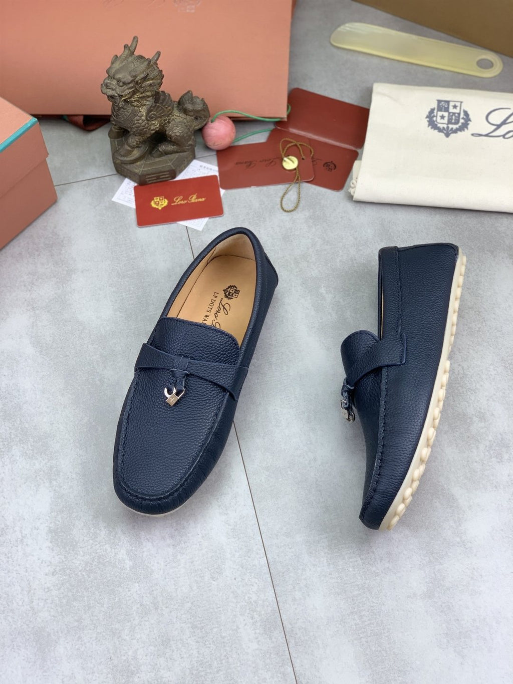 Loro Piana Dark Navy Blue Moc-Toe Loafers